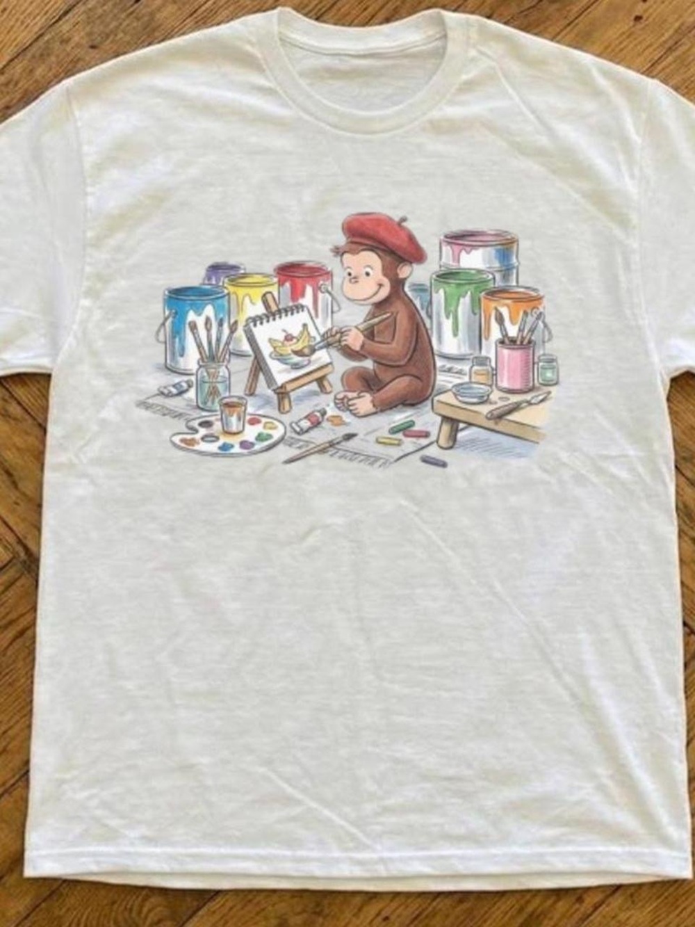 White Home Art Tee Featuring Playful Artist Monkey Design